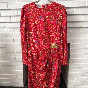 Vintage Adrianna Papell 100% Silk Red Gold Baroque Floral Draped Party Dress